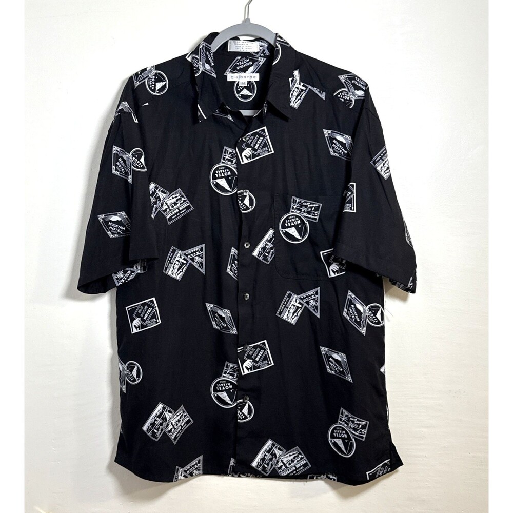 Claiborne Men's Black White Hotel Print Hawaiian Short Sleeve Shirt Size Medium